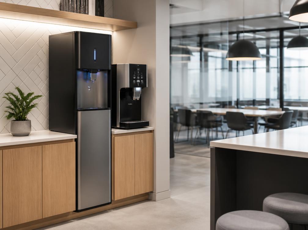 Workplace water and hot beverage dispensing equipment in a corporate breakroom
