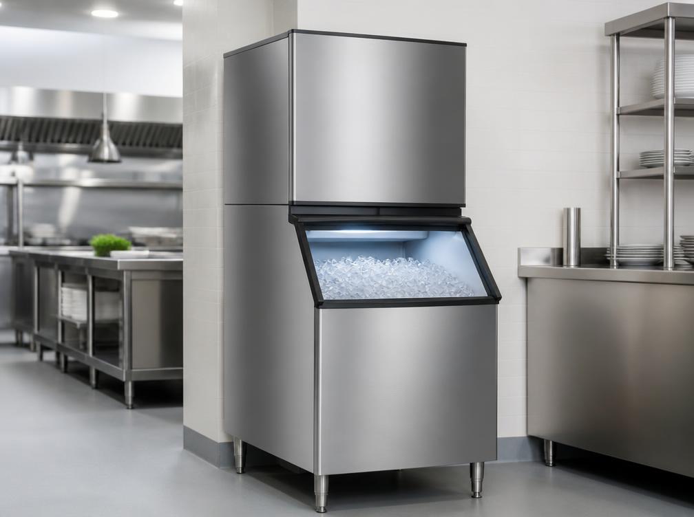 Commercial stainless steel ice machine in a facility kitchen area