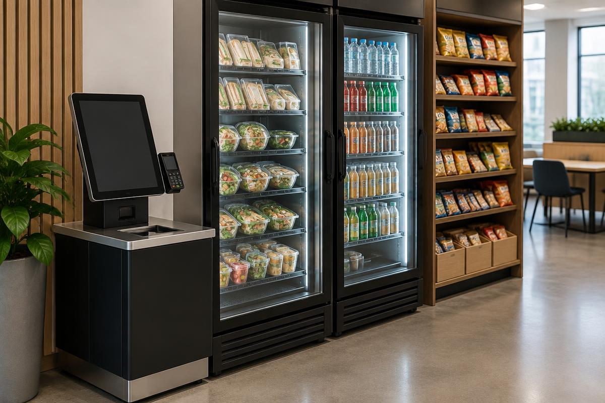 Self-checkout micro market with refrigerated smart coolers in a workplace