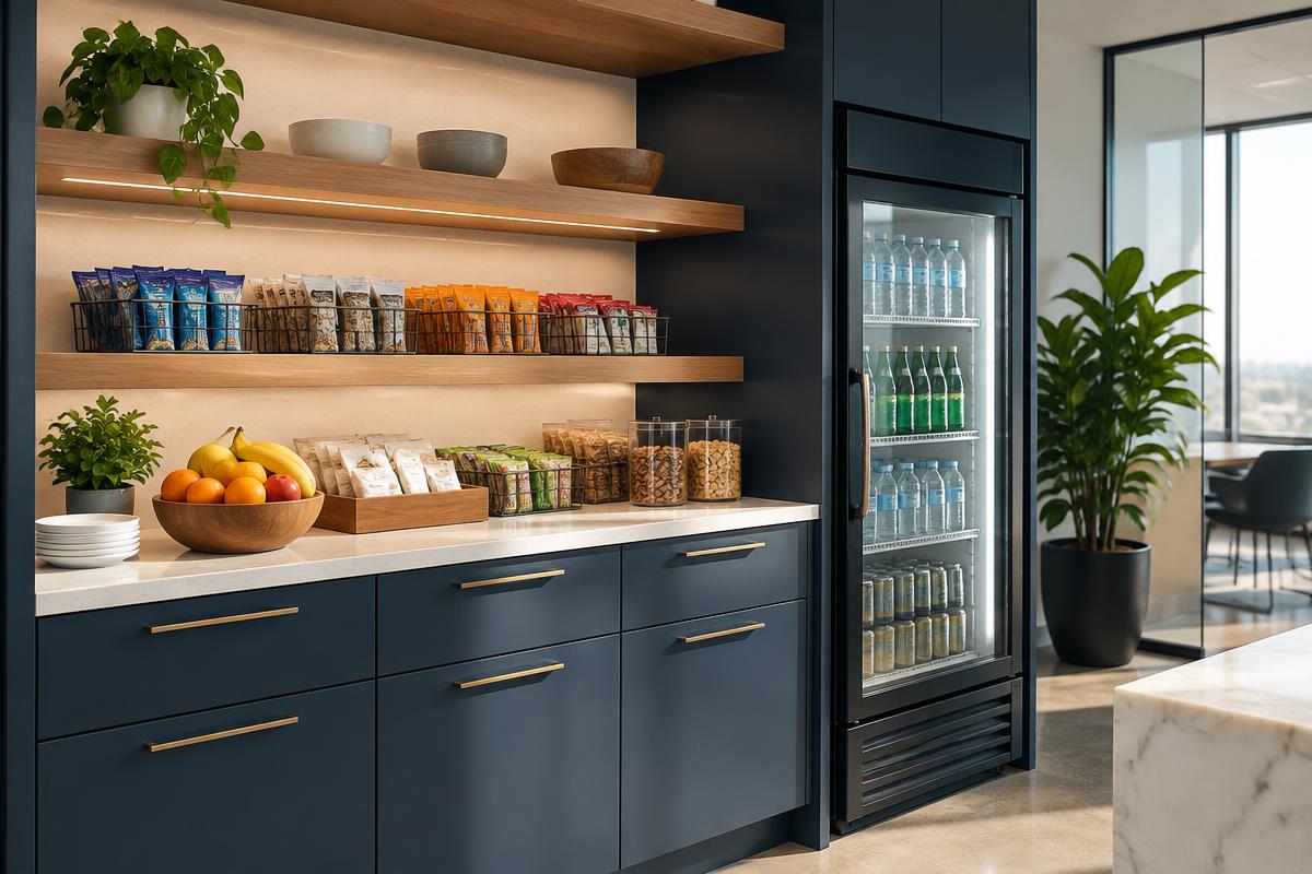 Office pantry station with stocked snack shelving and a glass-door beverage cooler