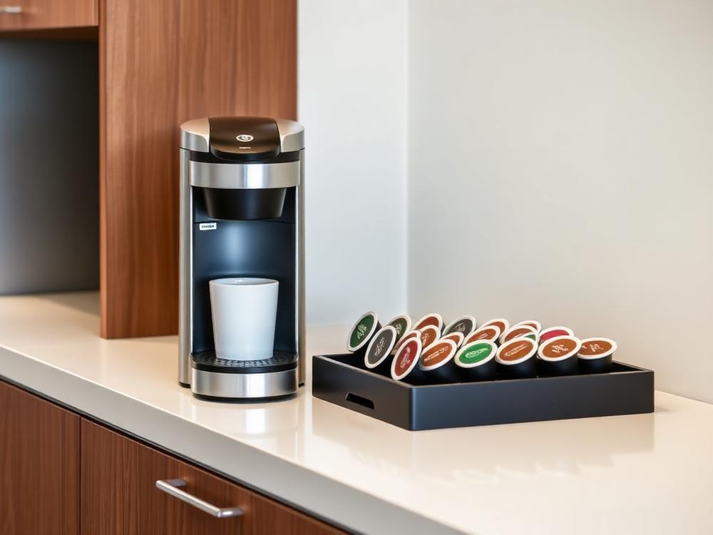 Single-cup office coffee brewer with a tray of coffee pods in a Houston workplace breakroom