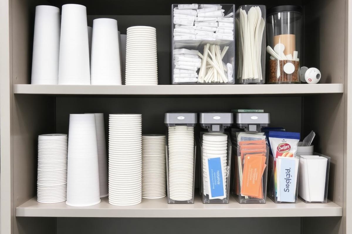 Organized office coffee station supplies including cups, lids, stirrers and sweeteners