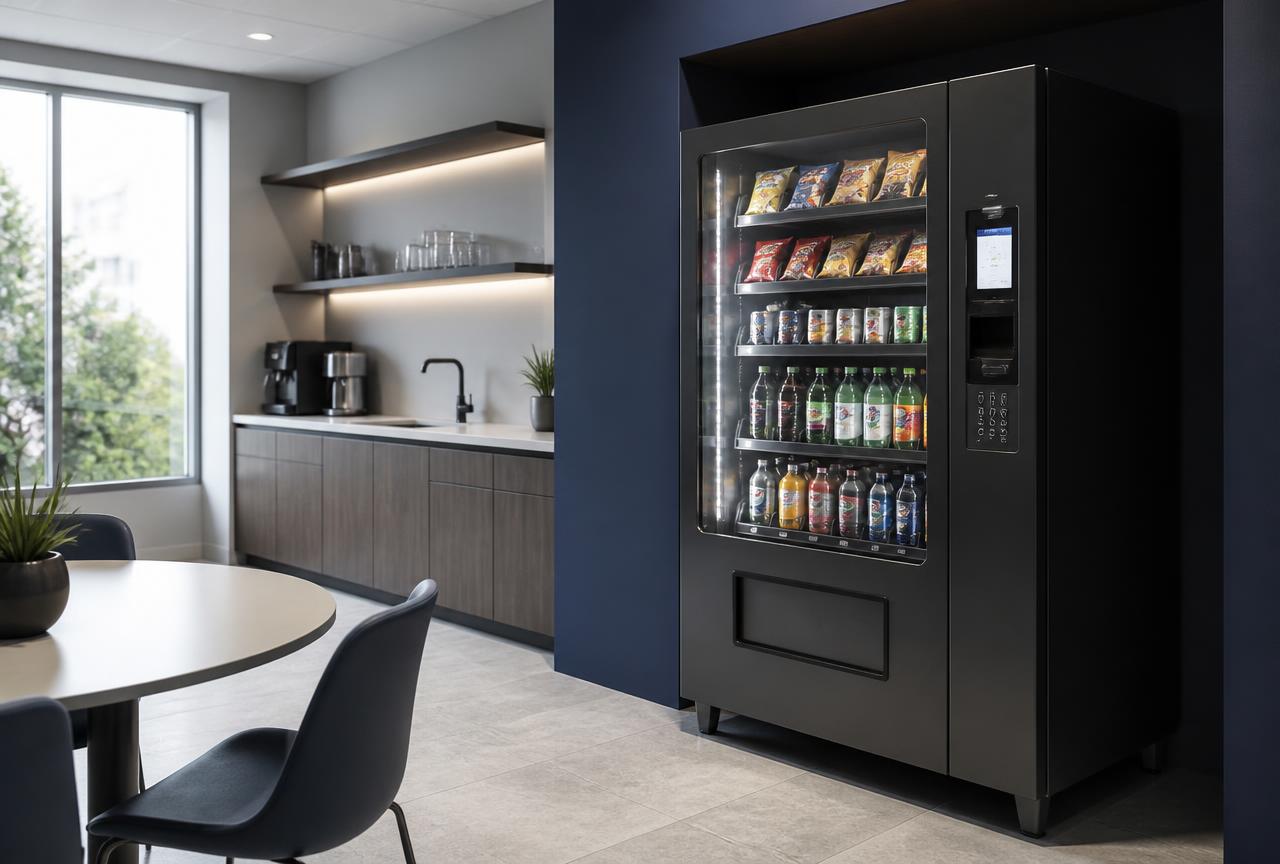Snack and beverage vending machines in an industrial break area