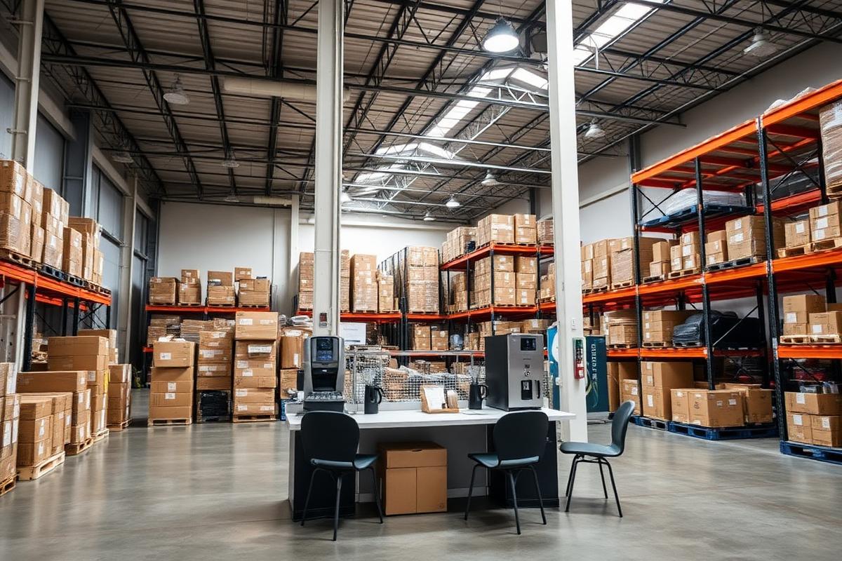 Break area with coffee station inside a Houston-area warehouse facility